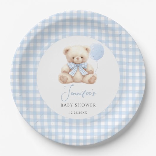 Boho Blue Teddy Bear Balloon Baby Boy Shower Papieren Bordje (Voorkant)