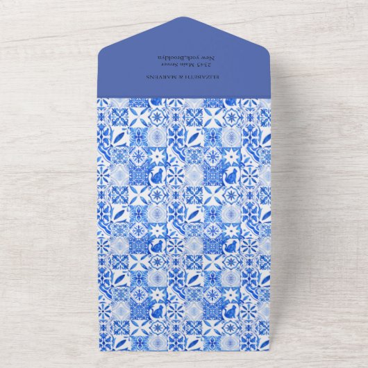 Boho Blue tegel en Lemon Arch bruiloft All In One Uitnodiging (Buitenkant)