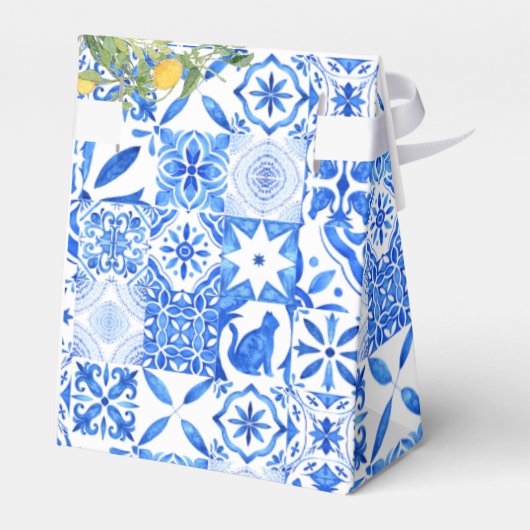 Boho Blue tegel en Lemon Arch bruiloft Dank u Bedankdoosjes (Achterkant)