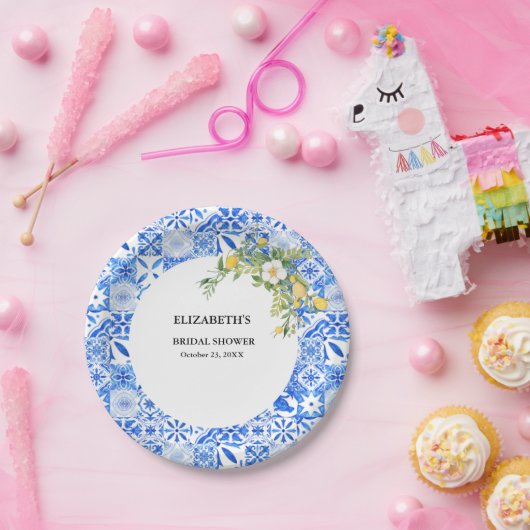 Boho Blue tegel en Lemon bruiloft boog Papieren Bordje (Feest)