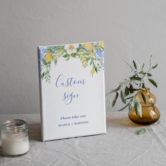 Boho Blue tegel en Lemon bruiloft boog tafel teken Foto Afdruk