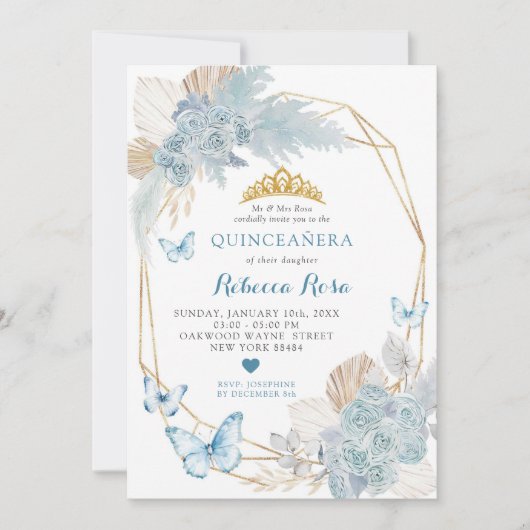 Boho Blue Vlinder Geometrische Quinceañera Kaart (Voorkant)