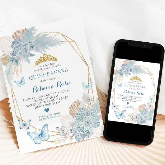 Boho Blue Vlinder Geometrische Quinceañera Kaart