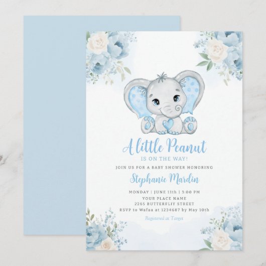 Boho Blue Watercolor Boy Elephant Baby Shower Kaart (Voorkant / Achterkant)