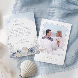 Boho Blue Watercolor Shells Beach Wedding Photo Bedankkaart