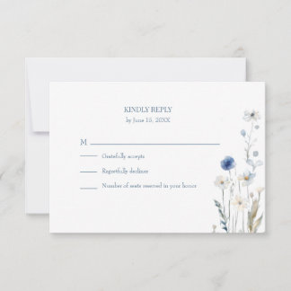 Boho Blue Watercolor Wildflowers Wedding RSVP Card