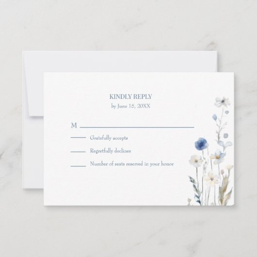 Boho Blue Watercolor Wildflowers Wedding RSVP Card (Voorkant)