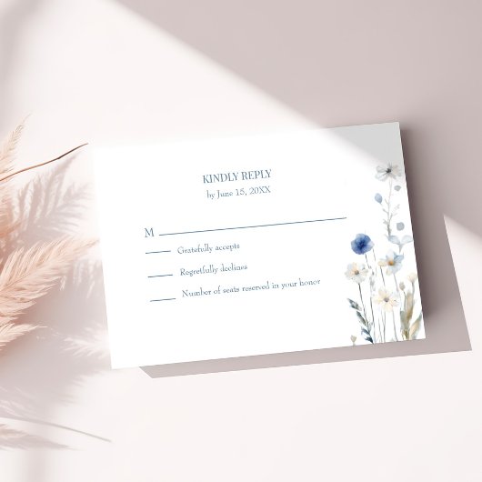 Boho Blue Watercolor Wildflowers Wedding RSVP Card Kaartje
