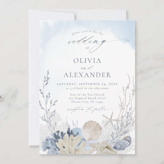 Boho Blue Waterverf Beach Wedding Kaart (Voorkant)