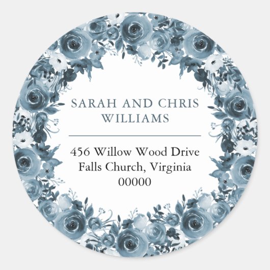 Boho Blue Waterverf Bloemenkrans retouradres Ronde Sticker (Voorkant)