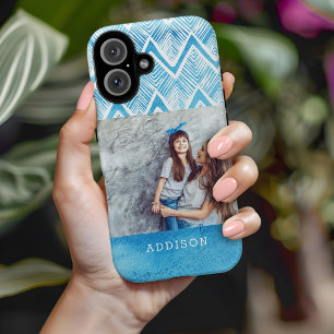 Boho Blue Waterverf Chevron   Monogrammfoonfoto iPhone 16 Hoesje