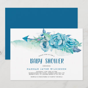 Boho Blue Waterverf Floral Baby shower Invite Kaart