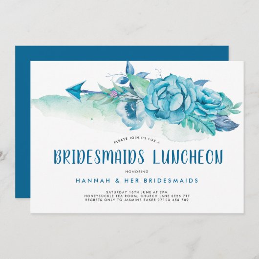 Boho Blue Waterverf Floral Bridesmaids Luncheon Kaart (Voorkant / Achterkant)