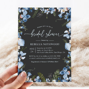 Boho Blue Waterverf Floral Charcoal Vrijgezellenfe Kaart