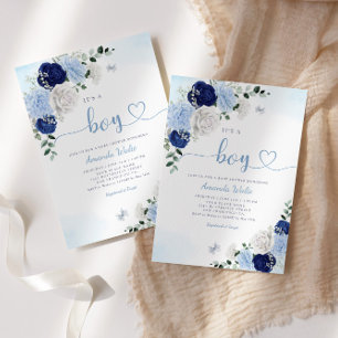 Boho Blue Waterverf Floral het is een jongen Baby Kaart