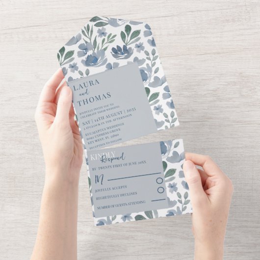 Boho Blue Waterverf Floral Pattern Wedding All In One Uitnodiging (Afscheurbaar)