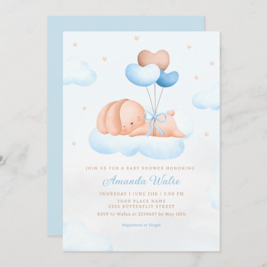Boho Blue Waterverf Leuke Balloon Boy Baby shower Kaart (Voorkant / Achterkant)