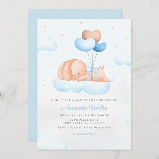Boho Blue Waterverf Leuke Balloon Boy Baby shower Kaart (Voorkant / Achterkant)