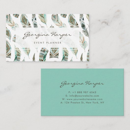 Boho Blue Waterverf Tribal Feathers Patroon Visitekaartje (Voorkant / Achterkant)