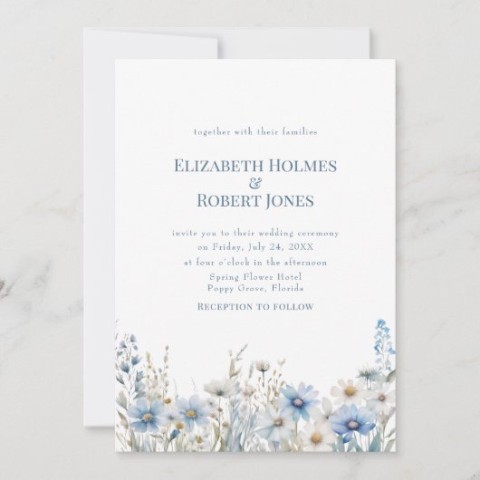 Boho Blue Waterverf Wildflowers & Fotobruiloft Kaart (Voorkant)