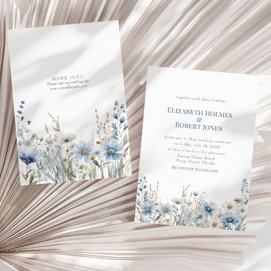 Boho Blue Waterverf Wildflowers Meadow Wedding Kaart