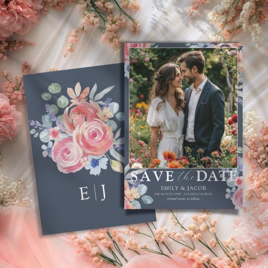 Boho Blue & White Rose Floral Bewaar de datum Save The Date