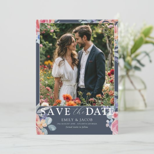 Boho Blue & White Rose Floral Bewaar de datum Save The Date (Staand voorkant)