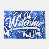 Boho Blue White Tropical Leaves Script Welkom Deurmat (Voorkant)
