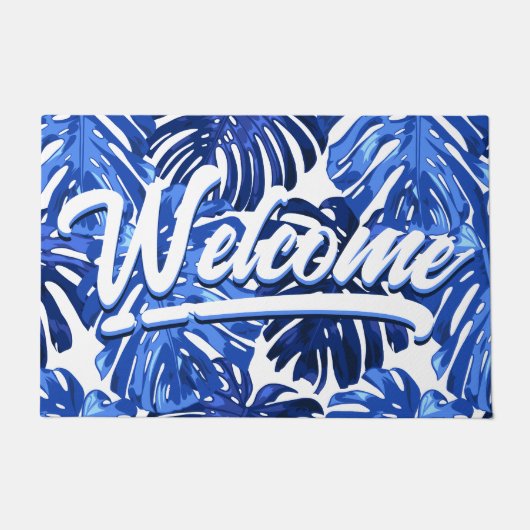 Boho Blue White Tropical Leaves Script Welkom Deurmat (Voorkant)