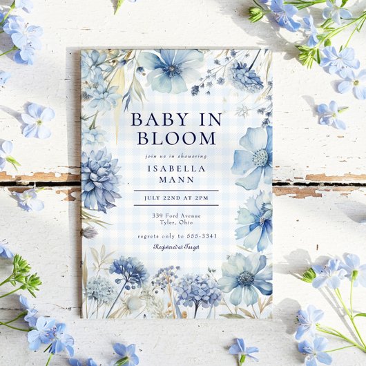 Boho Blue Wildflower Baby in Bloom Boy Baby shower Kaart