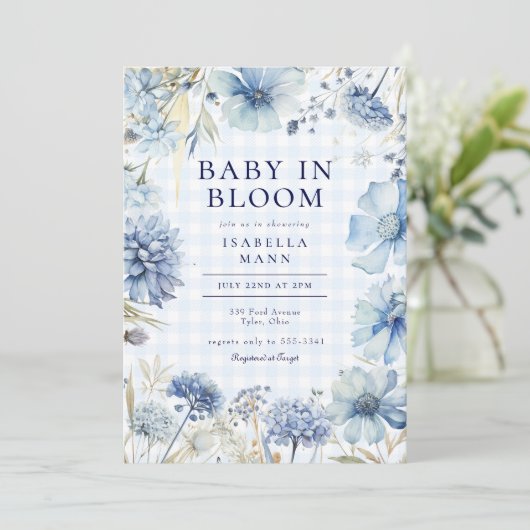 Boho Blue Wildflower Baby in Bloom Boy Baby shower Kaart (Staand voorkant)