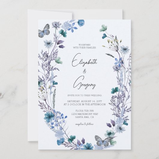 Boho Blue Wildflower Butterfly Wedding Kaart (Voorkant)