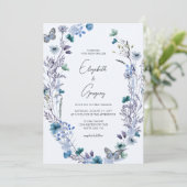 Boho Blue Wildflower Butterfly Wedding Kaart (Staand voorkant)