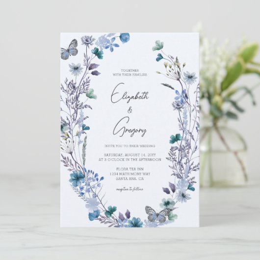 Boho Blue Wildflower Butterfly Wedding Kaart (Staand voorkant)