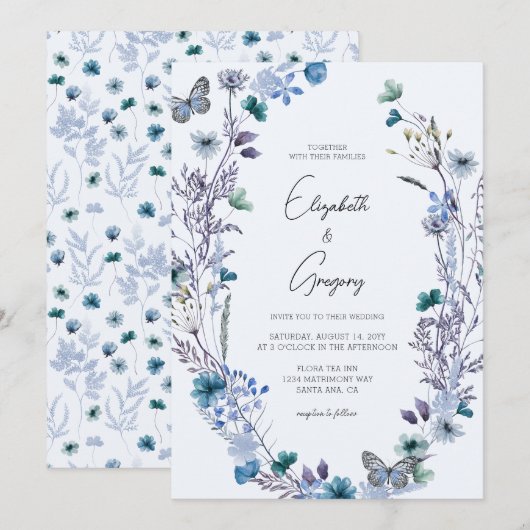 Boho Blue Wildflower Butterfly Wedding Kaart (Voorkant / Achterkant)