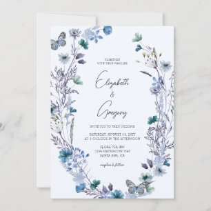 Boho Blue Wildflower Butterfly Wedding Kaart