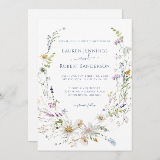 Boho Blue Wildflower Wedding Kaart (Voorkant / Achterkant)