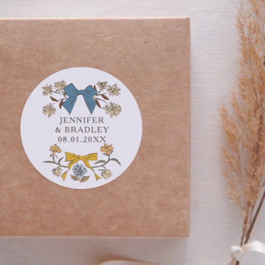 Boho Blue Yellow Ribbons Floral Wedding Favoriet Ronde Sticker