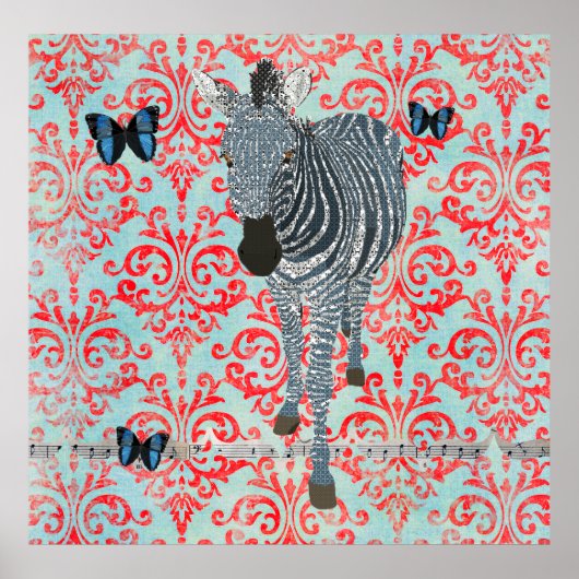 Boho Blue Zebra en Butterflies Damask Poster (Voorkant)