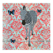 Boho Blue Zebra en Butterflies Damask Poster
