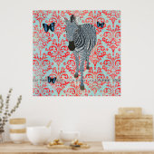 Boho Blue Zebra en Butterflies Damask Poster (Keuken)