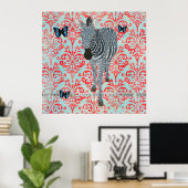 Boho Blue Zebra en Butterflies Damask Poster (Thuiskantoor)
