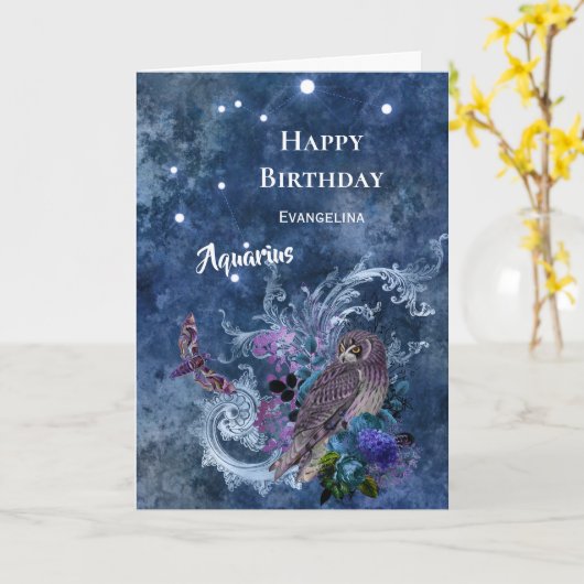 Boho Blue Zodiac Aquarius Constellation Birthday Kaart (Gele Bloem)