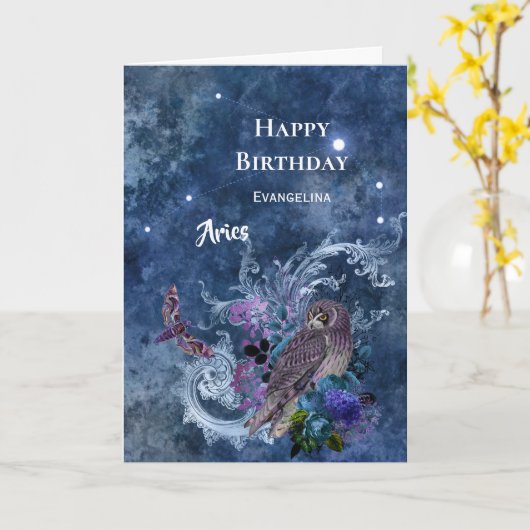 Boho Blue Zodiac Aries Constellation Birthday Kaart (Gele Bloem)