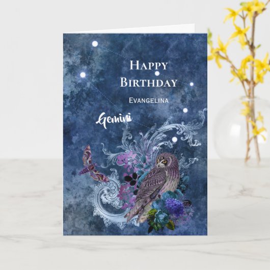 Boho Blue Zodiac Gemini Constellation Birthday Kaart (Gele Bloem)