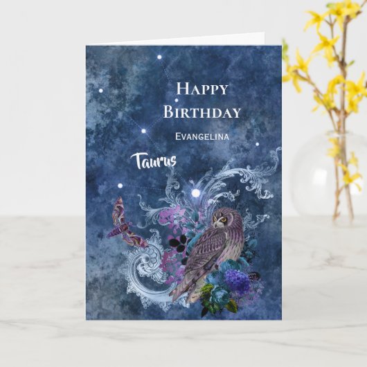 Boho Blue Zodiac Taurus Constellation Birthday Kaart (Gele Bloem)