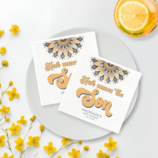 Boho Blue Zonnebloem Retro Typografie Baby shower Servet