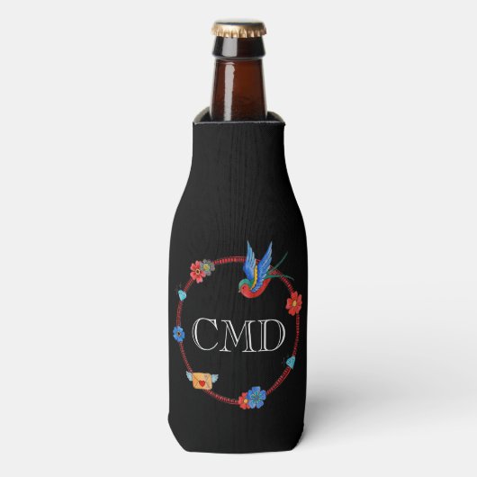 Boho Bluebird Custom Monogram Flesjeskoeler (Fles Voorkant)