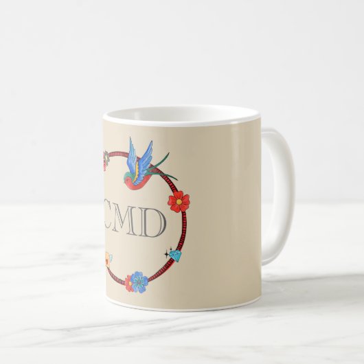 Boho Bluebird Monogram Koffiemok (Voorkant rechts)