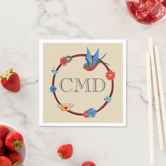 Boho Bluebird Monogram Servet (Insitu)